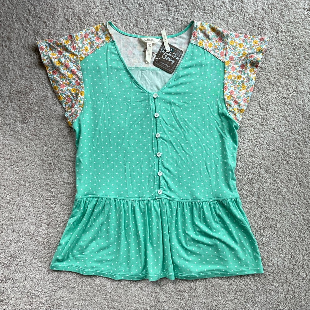 Matilda Jane Mint Green Floral Polka Dot Peplum Short Sleeve Top Size Small